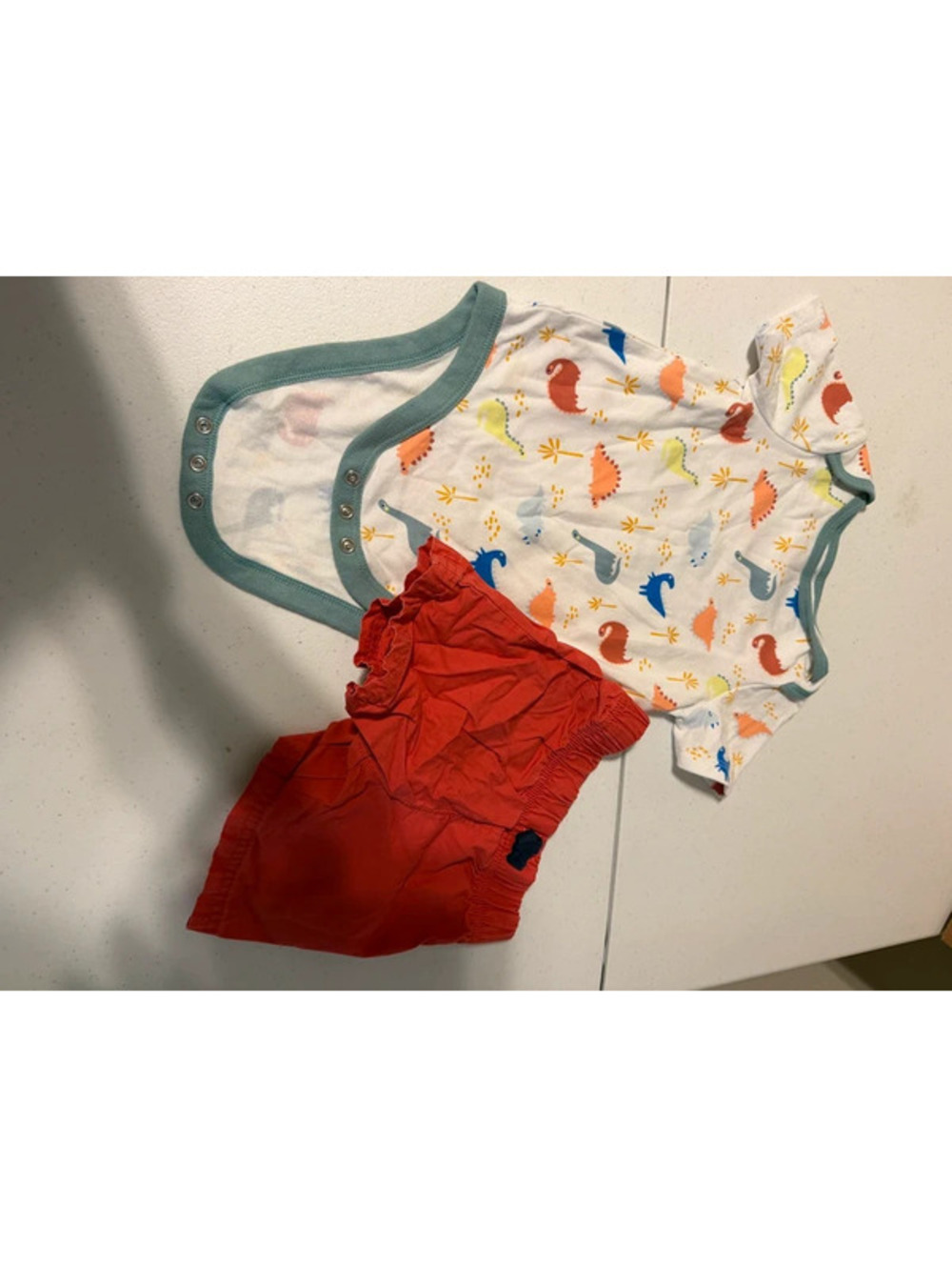 Cat & Jack Dinosaur Onesie and Carter's Red Shorts Set 12M